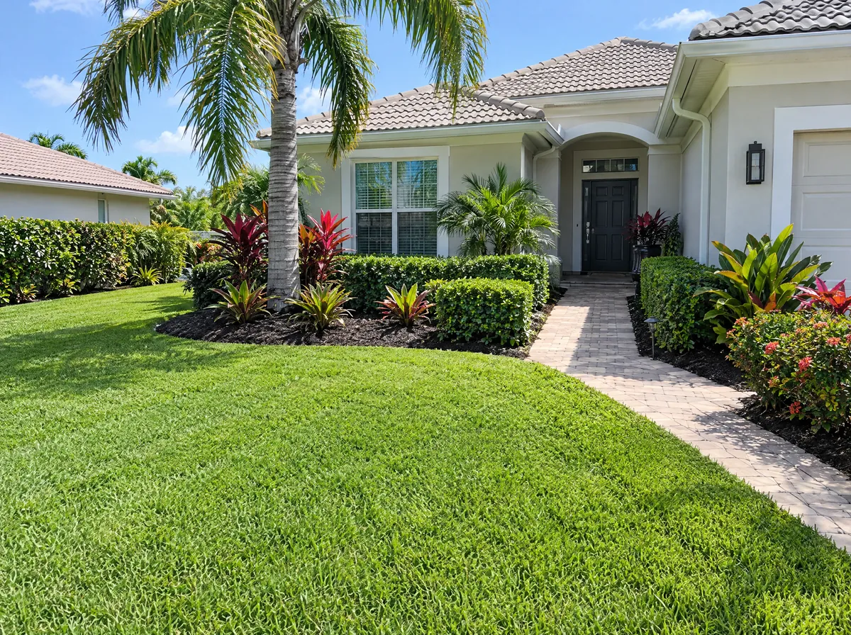 A Florida front yard after landscaping, with a crisp lawn, trimmed hedges, fresh mulch and a palm tree