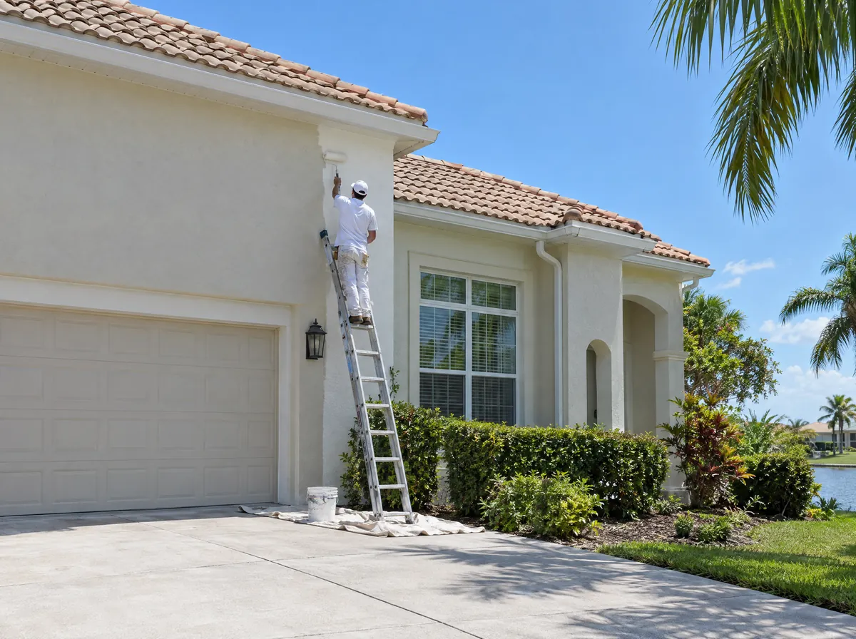 A painter on a ladder rolling a fresh coat of white paint onto the exterior of a Florida home