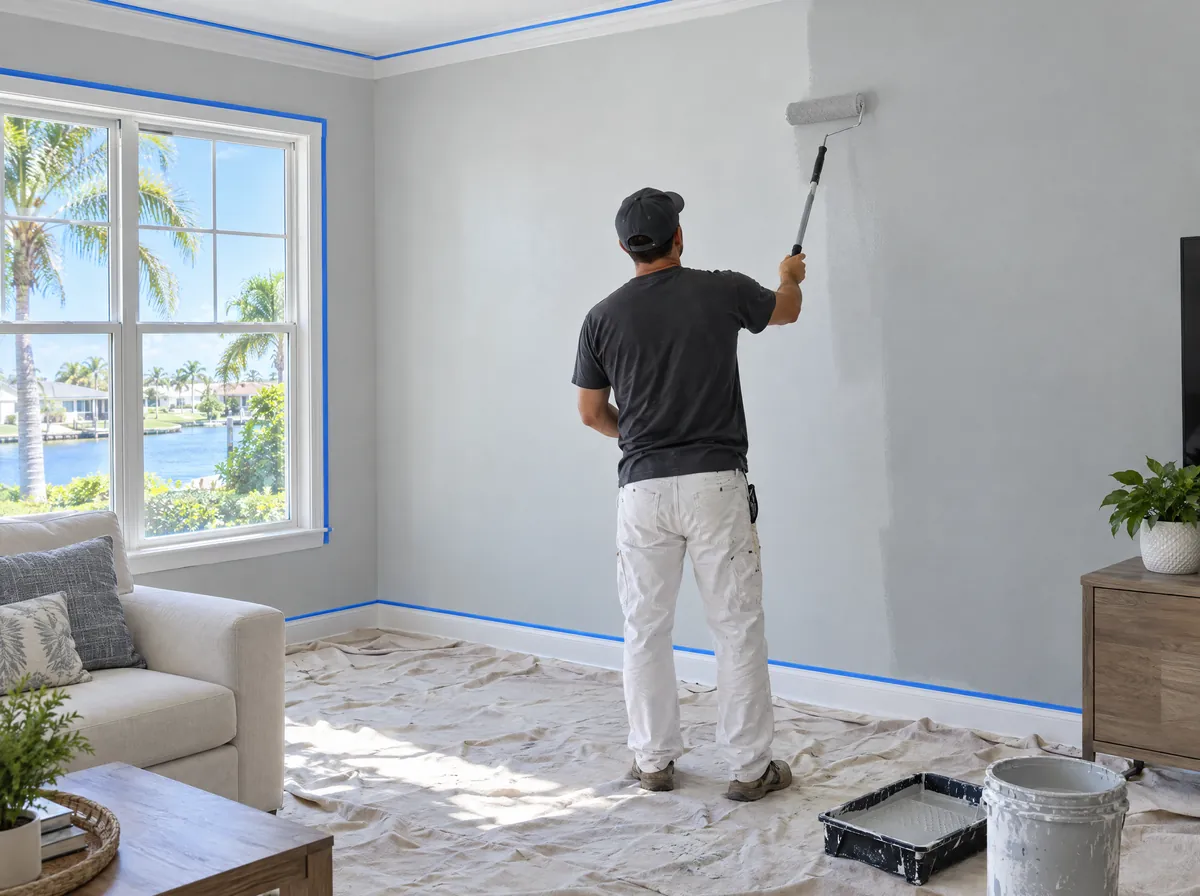 A painter rolling fresh light-gray paint on a living room wall with the floor covered in drop cloths
