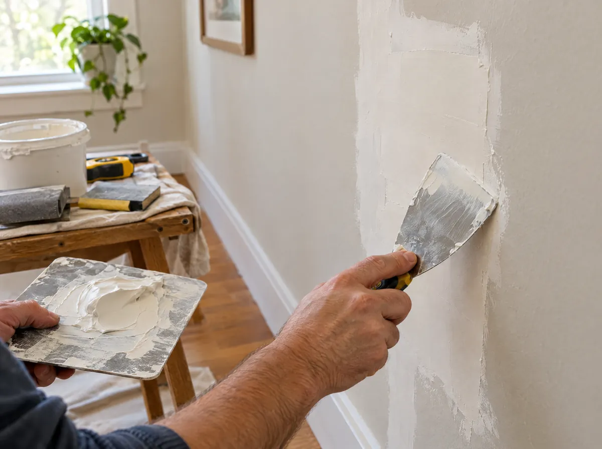 A handyman smoothing joint compound over a drywall patch with a putty knife